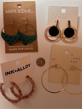 lot of four gold tone, hoop earrings, all new with tags, pink green black